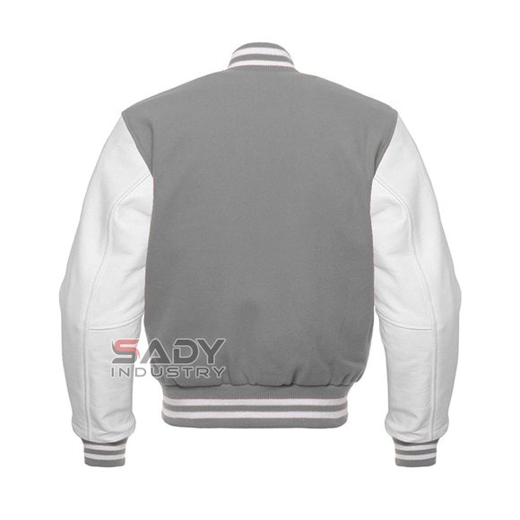 Bomber Jacket Varsity Letterman Baseball in Grey Wool and Genuine White Leather - Picture 7 of 8